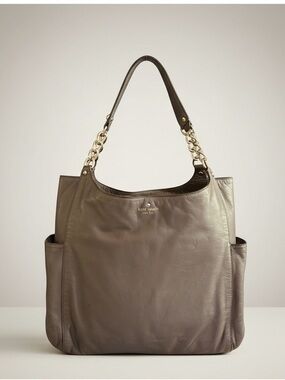 ✨ Kate Spade Taupe Pebbled Leather Chain Tote Large Neutral Shoulder Bag